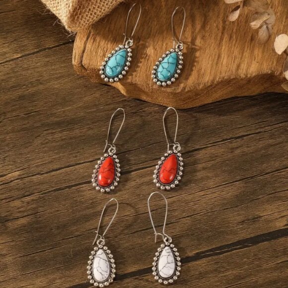 Bohemian Ethnic Turquoise Vintage Water Drop Shape Dangle Earrings - 3 Pair Set - Picture 3 of 3